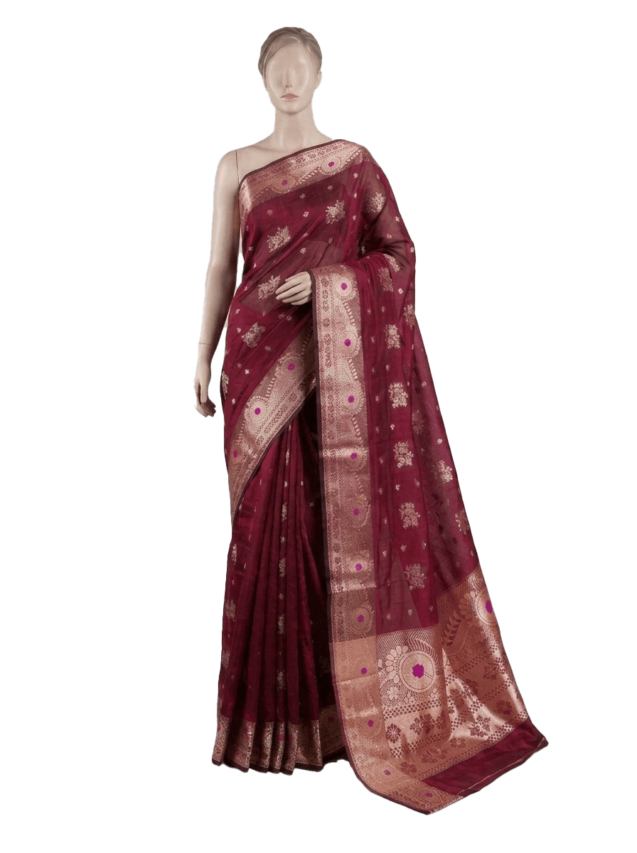 প্রিমিয়াম ম্যারুন মসলিন সিল্ক শাড়ি (সোনালী জরি পাড়)