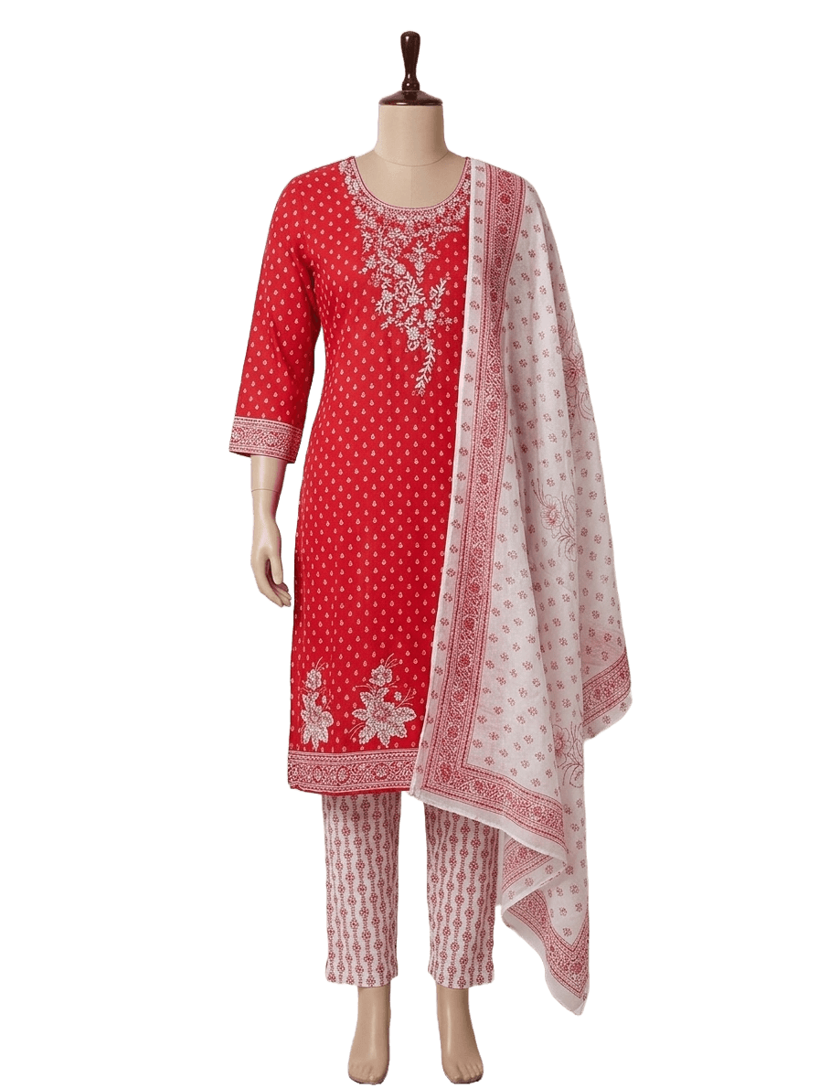 আকর্ষণীয় লাল ও সাদা প্রিন্ট স্টাইলিশ থ্রি-পিস সালোয়ার কামিজ