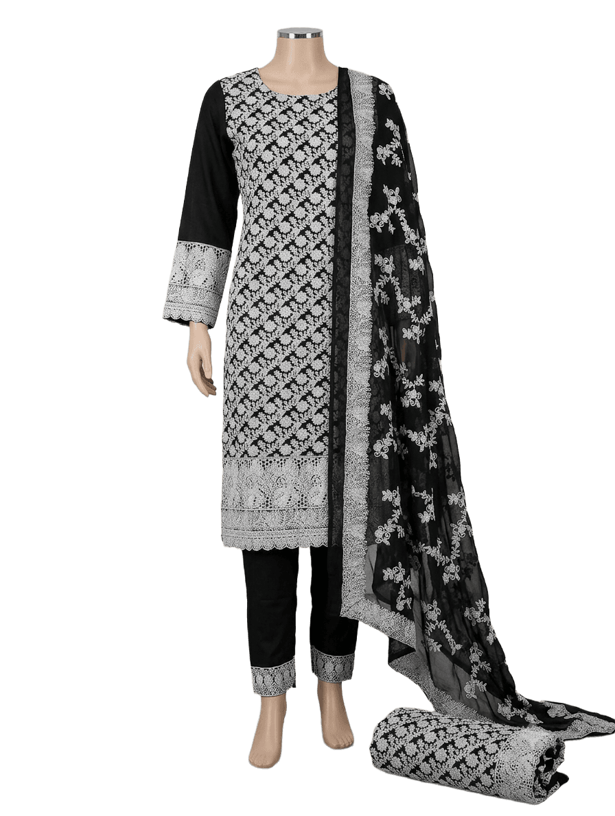 ক্লাসিক কালো ও সাদা এমব্রয়ডারি করা স্টাইলিশ জর্জেট থ্রি-পিস সালোয়ার কামিজ
